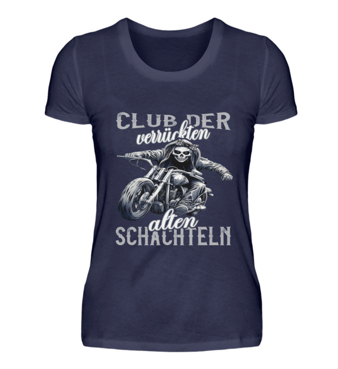 Ein Bikerin T-Shirt für Motorradfahrerinnen von Wingbikers mit dem Aufdruck, Club der verrückten alten Schachteln - in navy blau.