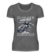 Ein Bikerin T-Shirt für Motorradfahrerinnen von Wingbikers mit dem Aufdruck, Club der verrückten alten Schachteln - in dunkelgrau.