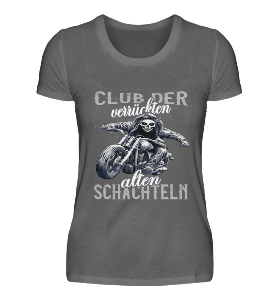 Ein Bikerin T-Shirt für Motorradfahrerinnen von Wingbikers mit dem Aufdruck, Club der verrückten alten Schachteln - in dunkelgrau.