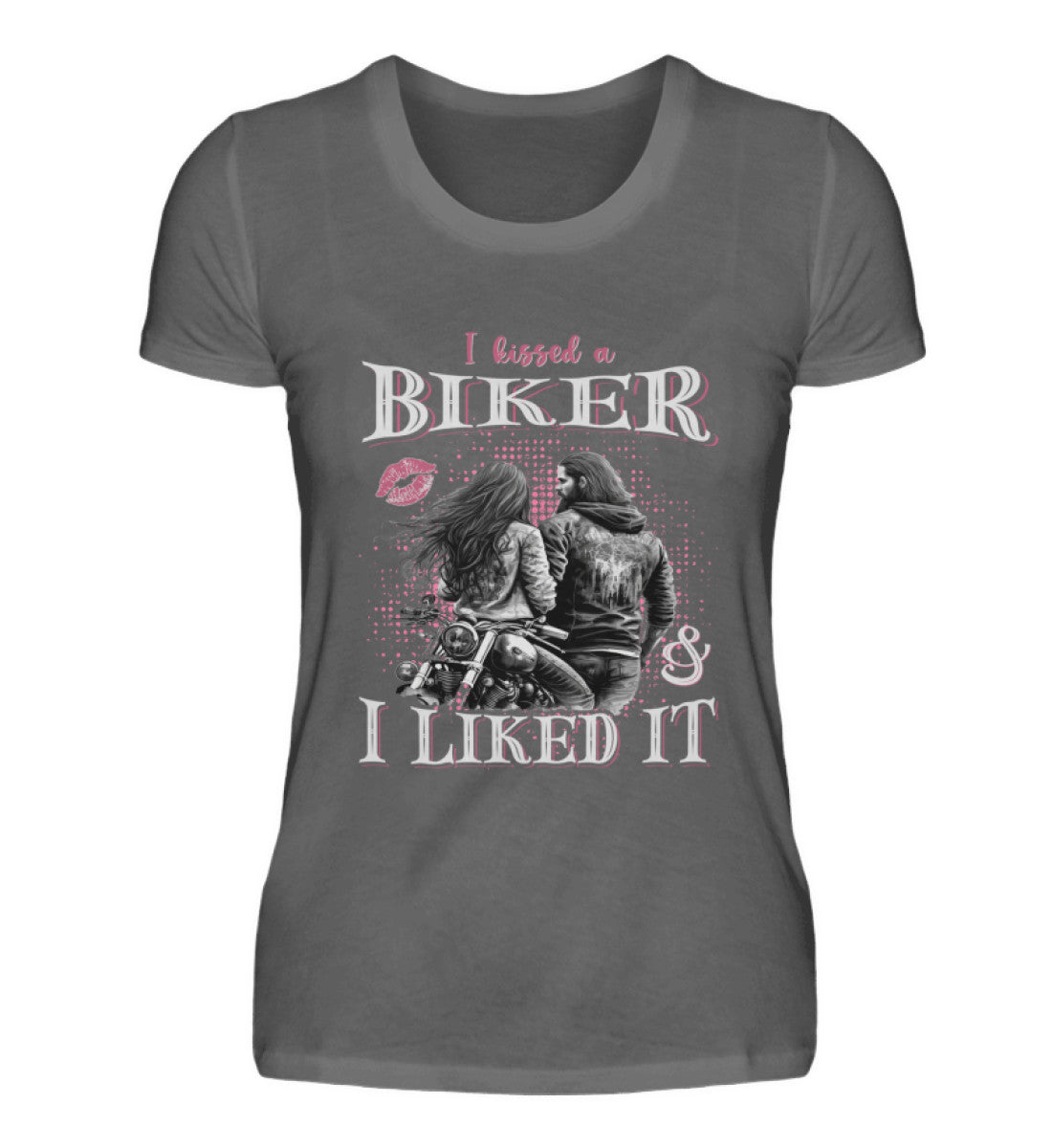 Ein T-Shirt für Motorradfahrerinnen von Wingbikers mit dem Aufdruck, I Kissed A Biker And I Liked It, in dunkelgrau.