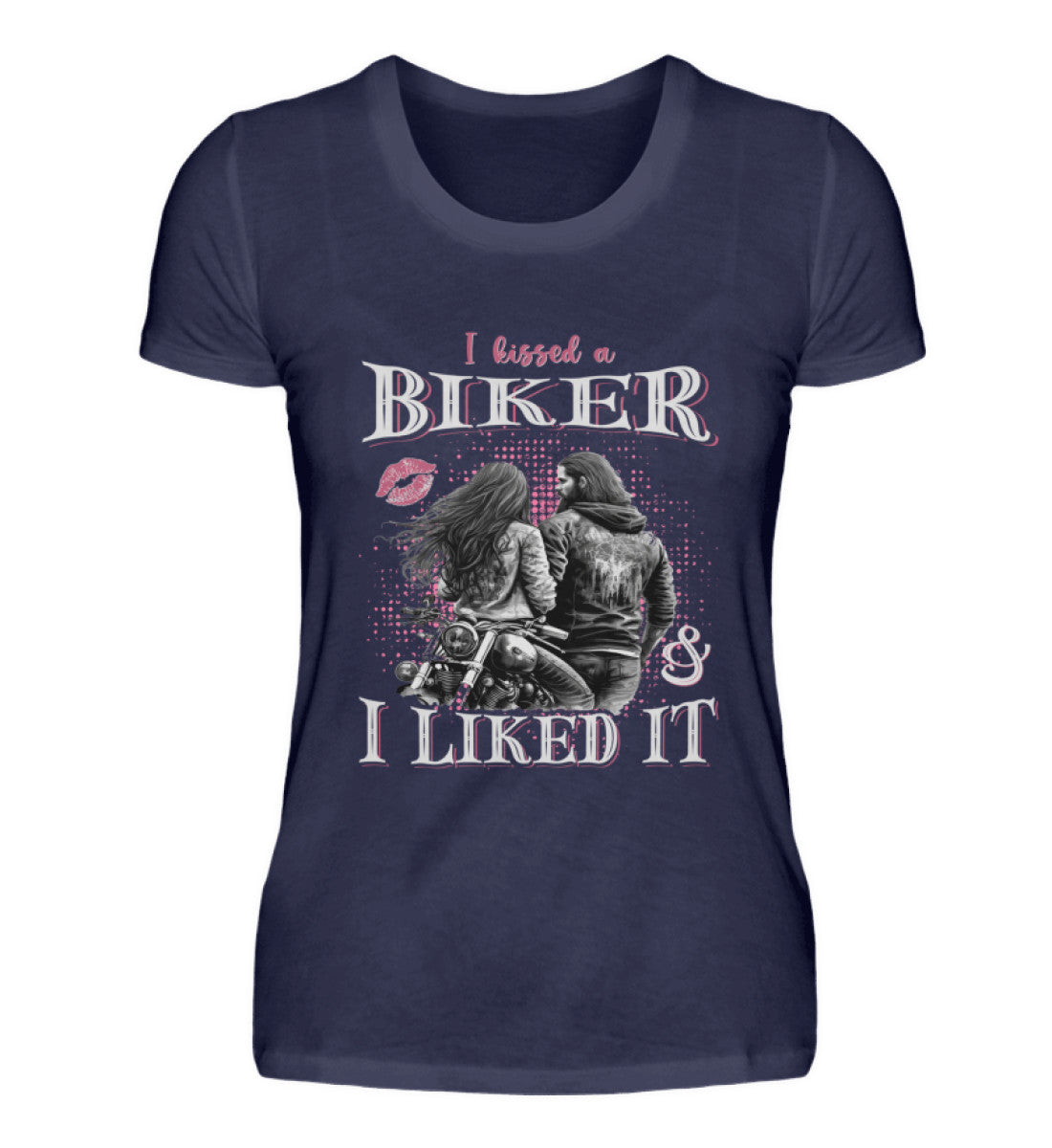 Ein T-Shirt für Motorradfahrerinnen von Wingbikers mit dem Aufdruck, I Kissed A Biker And I Liked It, in navy blau.