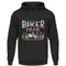 Ein Hoodie für motorradfahrende Väter von Wingbikers mit dem Aufdruck, Biker Papa, wie ein normaler Papa, nur viel cooler, in schwarz.