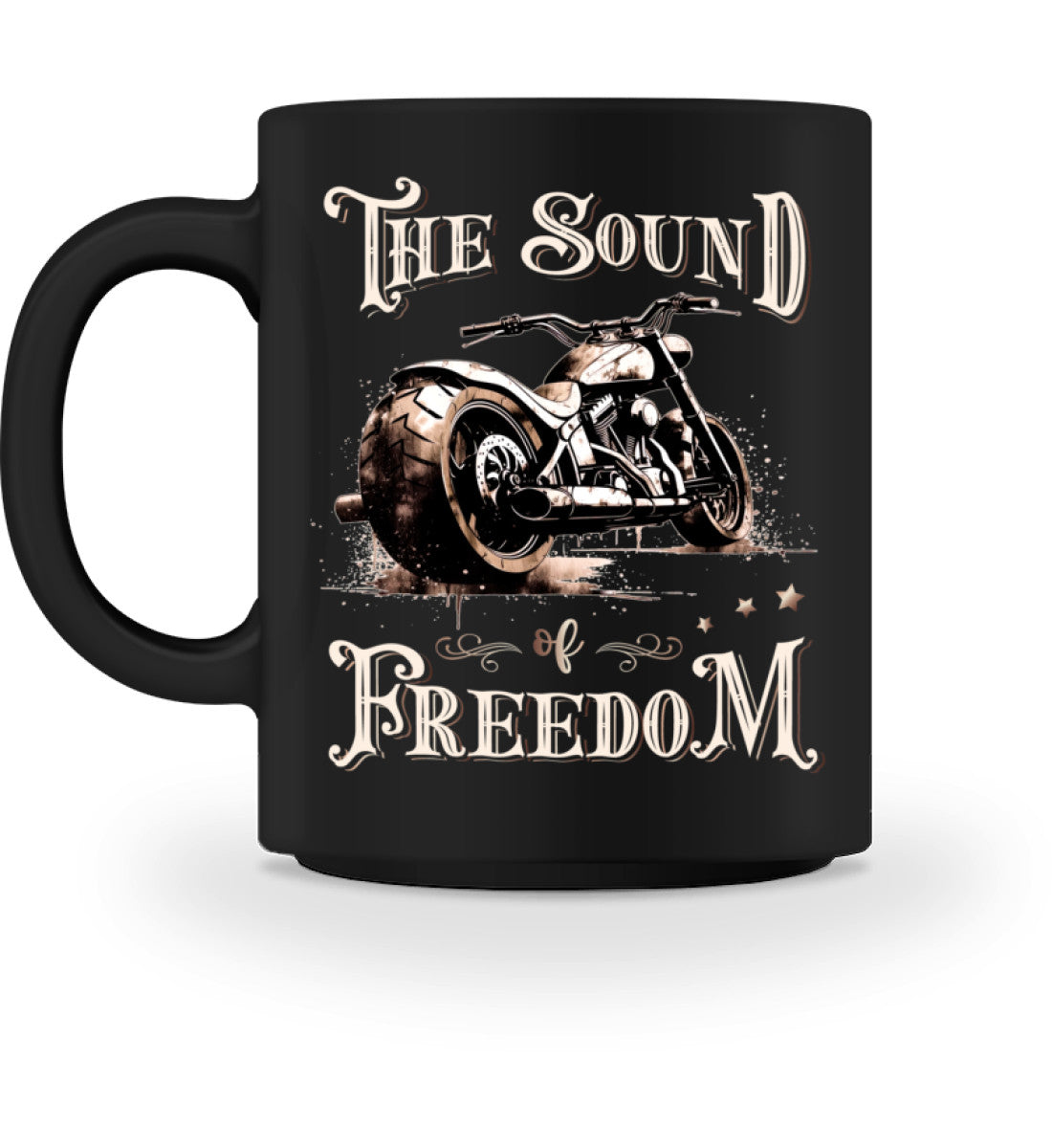 Eine Tasse für Motorradfahrer von Wingbikers, mit dem beidseitigen Aufdruck, The Sound of Freedom, in schwarz.