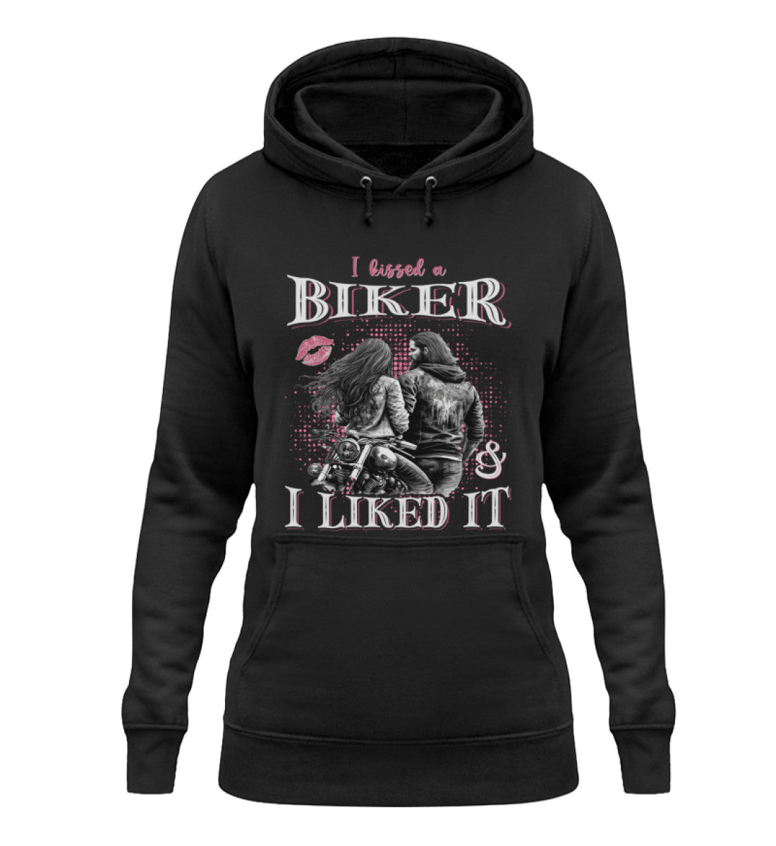 Ein Damen Hoodie für Motorradfahrerinnen von Wingbikers mit dem Aufdruck, I Kissed A Biker And I Liked It, in schwarz.