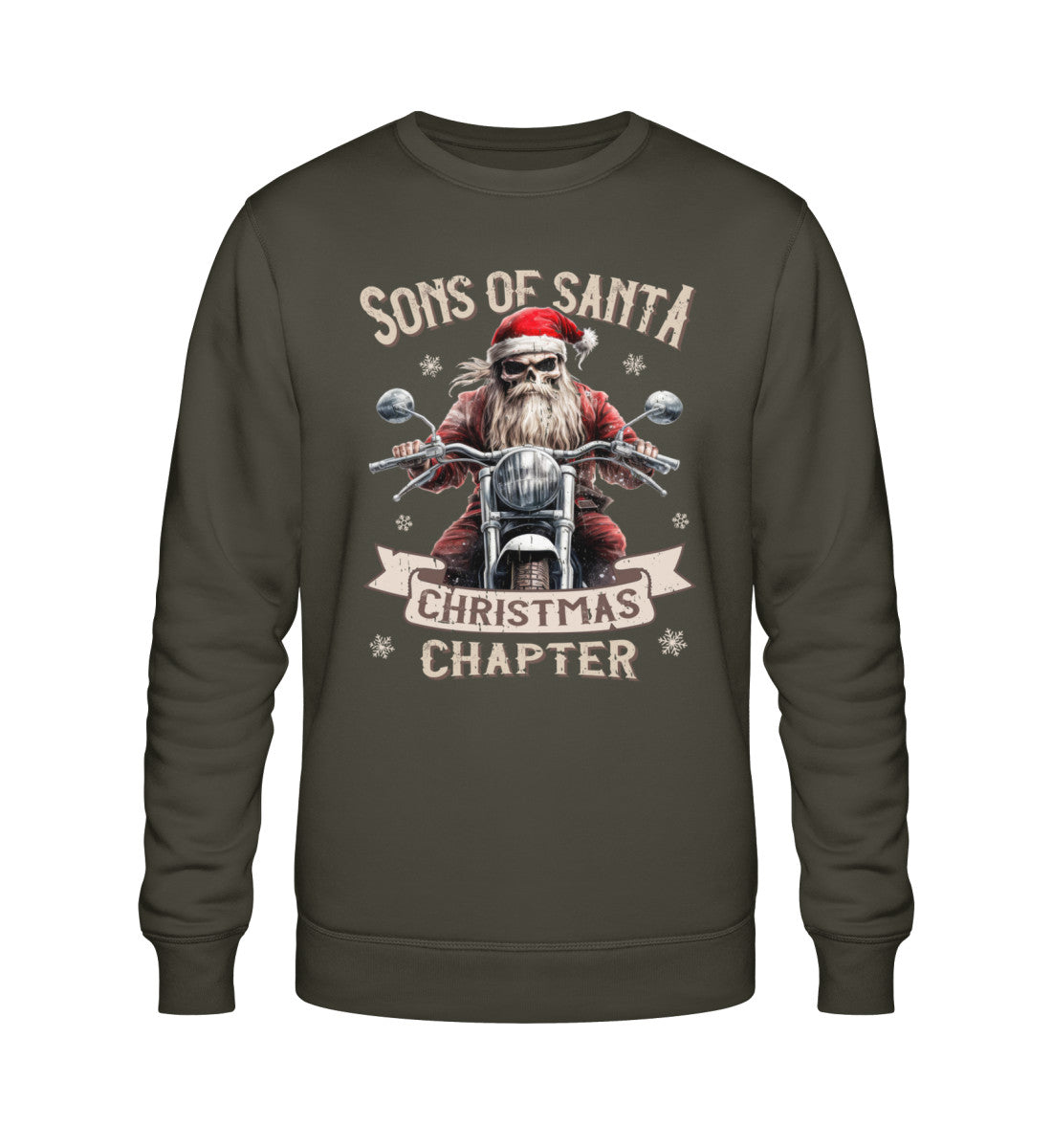 Ein Biker Sweatshirt für Motorradfahrer von Wingbikers mit dem Aufdruck, Sons of Santa - Christmas Chapter, in khaki grün.