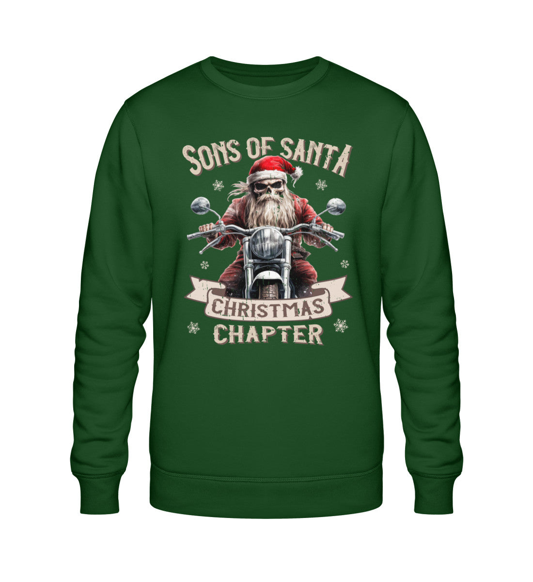 Ein Biker Sweatshirt für Motorradfahrer von Wingbikers mit dem Aufdruck, Sons of Santa - Christmas Chapter, in dunkelgrün.