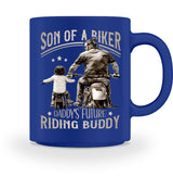 Eine Motorrad Tasse für Jungen von Wingbikers, mit dem beidseitigen Aufdruck, Son Of A Biker, in royal blau.