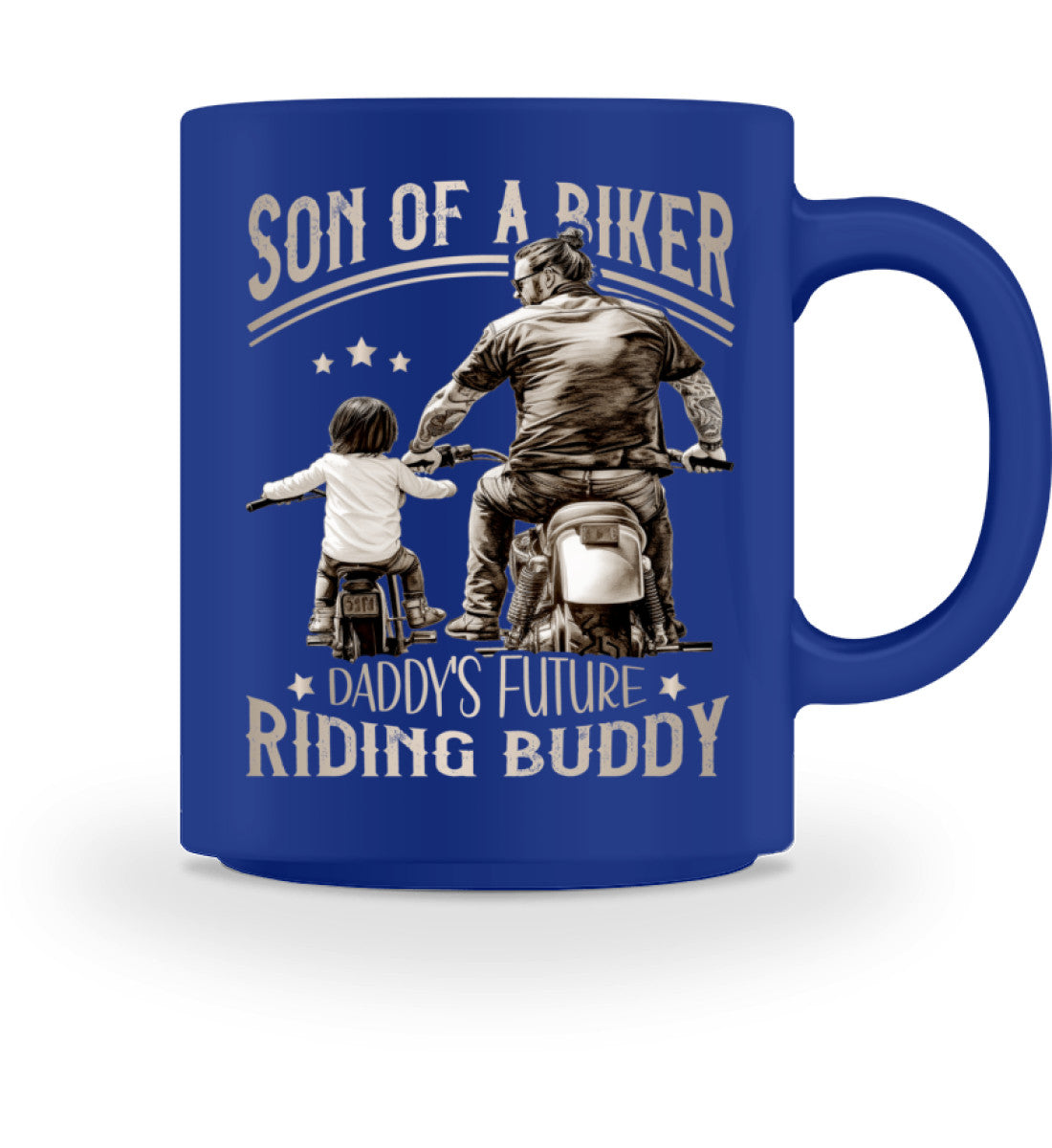 Eine Motorrad Tasse für Jungen von Wingbikers, mit dem beidseitigen Aufdruck, Son Of A Biker, in royal blau.
