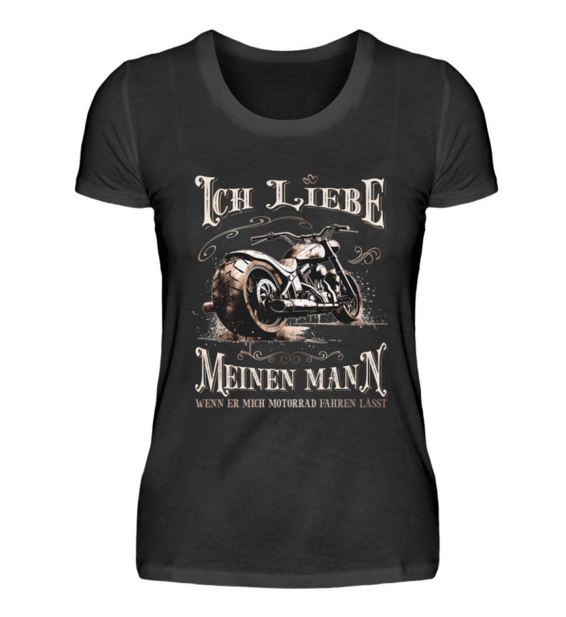 Ein T-Shirt für Motorradfahrerinnen von Wingbikers mit dem Aufdruck, Ich liebe meinen Mann, wenn er mich Motorrad fahren lässt! - in schwarz.