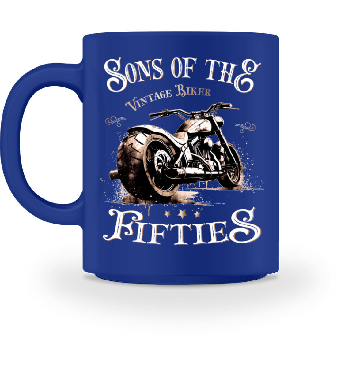 Eine Tasse für Motorradfahrer von Wingbikers, mit dem beidseitigen Aufdruck, Sons of the Fifties - Vintage Biker, in royal blau.