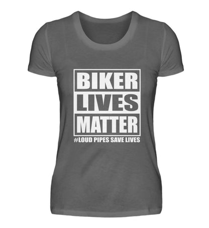 Ein Damen T-Shirt für Motorradfahrerinnen von Wingbikers mit dem Aufdruck, Biker Lives Matter - # Loud Pipes Save Lives, in dunkelgrau.