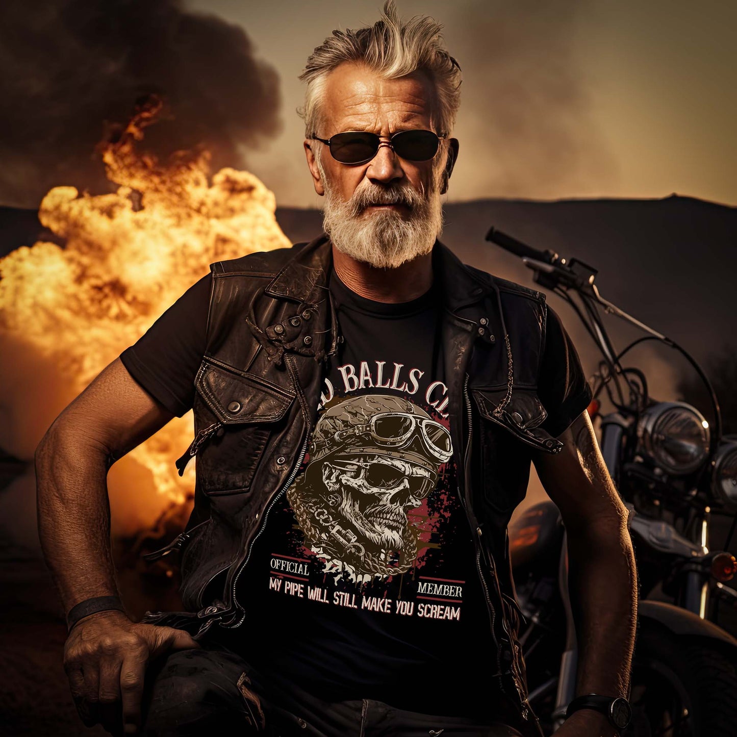 Ein Biker mit einem T-Shirt für Motorradfahrer von Wingbikers mit dem Aufdruck, Old Balls Club - My Pipe Will Still Make You Scream, in schwarz.
