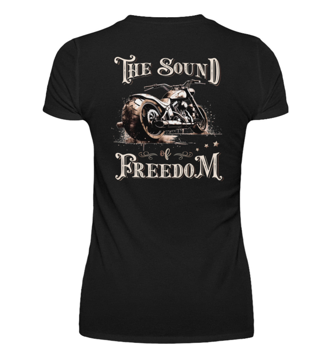Ein T-Shirt mit V-Ausschnitt für Motorradfahrerinnen von Wingbikers mit dem Aufdruck, The Sound of Freedom, als Backprint in schwarz.