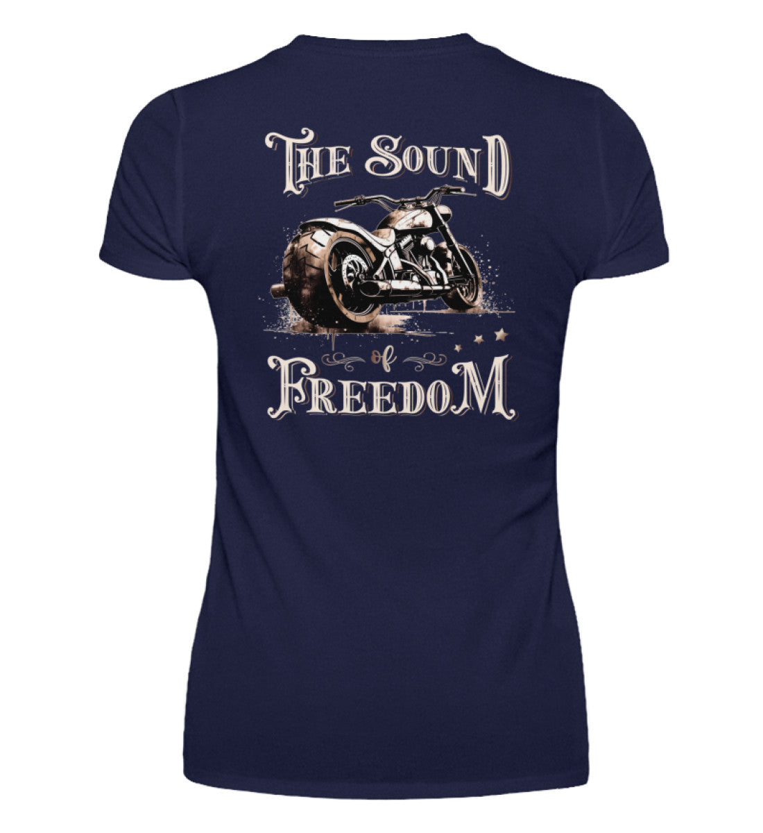 Ein T-Shirt mit V-Ausschnitt für Motorradfahrerinnen von Wingbikers mit dem Aufdruck, The Sound of Freedom, als Backprint in navy blau.