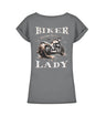 Ein Bikerin T-Shirt für Motorradfahrerinnen, von Wingbikers, mit dem Aufdruck, Biker Lady - im vintage Stil, mit Back Print, in dunkelgrau, leger geschnitten.