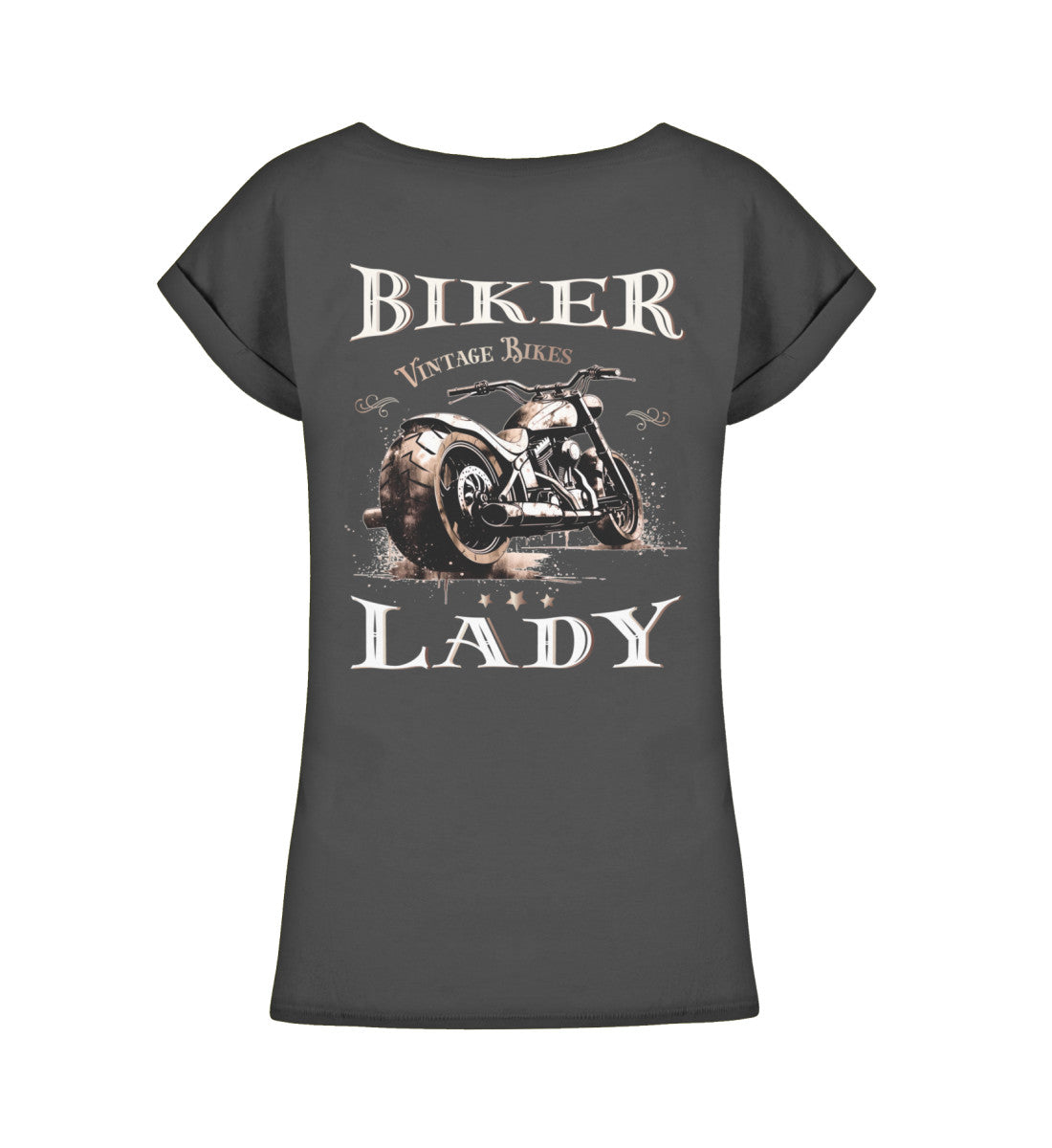 Ein Bikerin T-Shirt für Motorradfahrerinnen, von Wingbikers, mit dem Aufdruck, Biker Lady - im vintage Stil, mit Back Print, in schwarz, leger geschnitten.