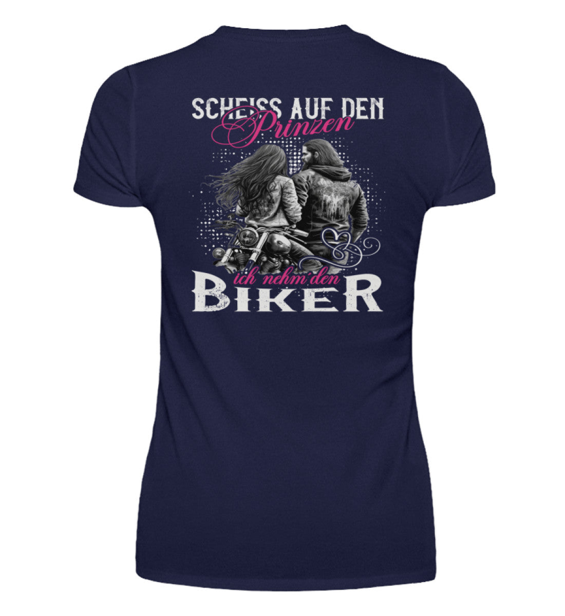 Ein T-Shirt mit V-Ausschnitt für Motorradfahrerinnen von Wingbikers mit dem Aufdruck, Scheiß auf den Prinzen, ich nehm' den Biker, als Backprint in marine blau.