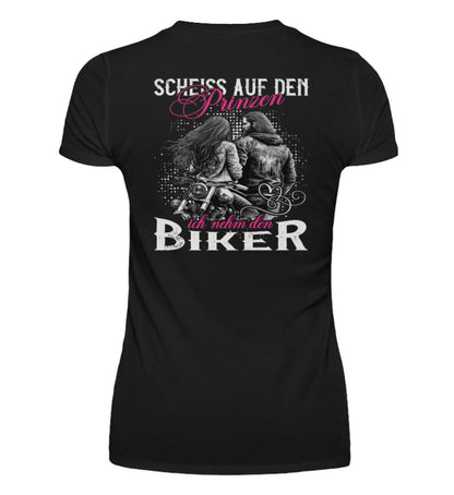 Ein T-Shirt mit V-Ausschnitt für Motorradfahrerinnen von Wingbikers mit dem Aufdruck, Scheiß auf den Prinzen, ich nehm' den Biker, als Backprint in schwarz.