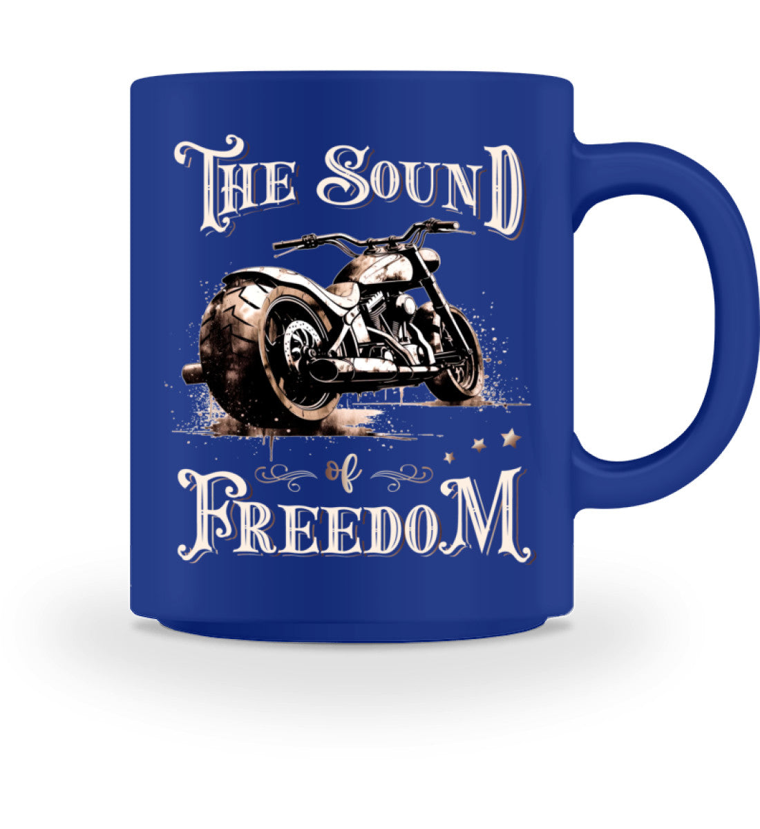 Eine Tasse für Motorradfahrer von Wingbikers, mit dem beidseitigen Aufdruck, The Sound of Freedom, in royal blau.