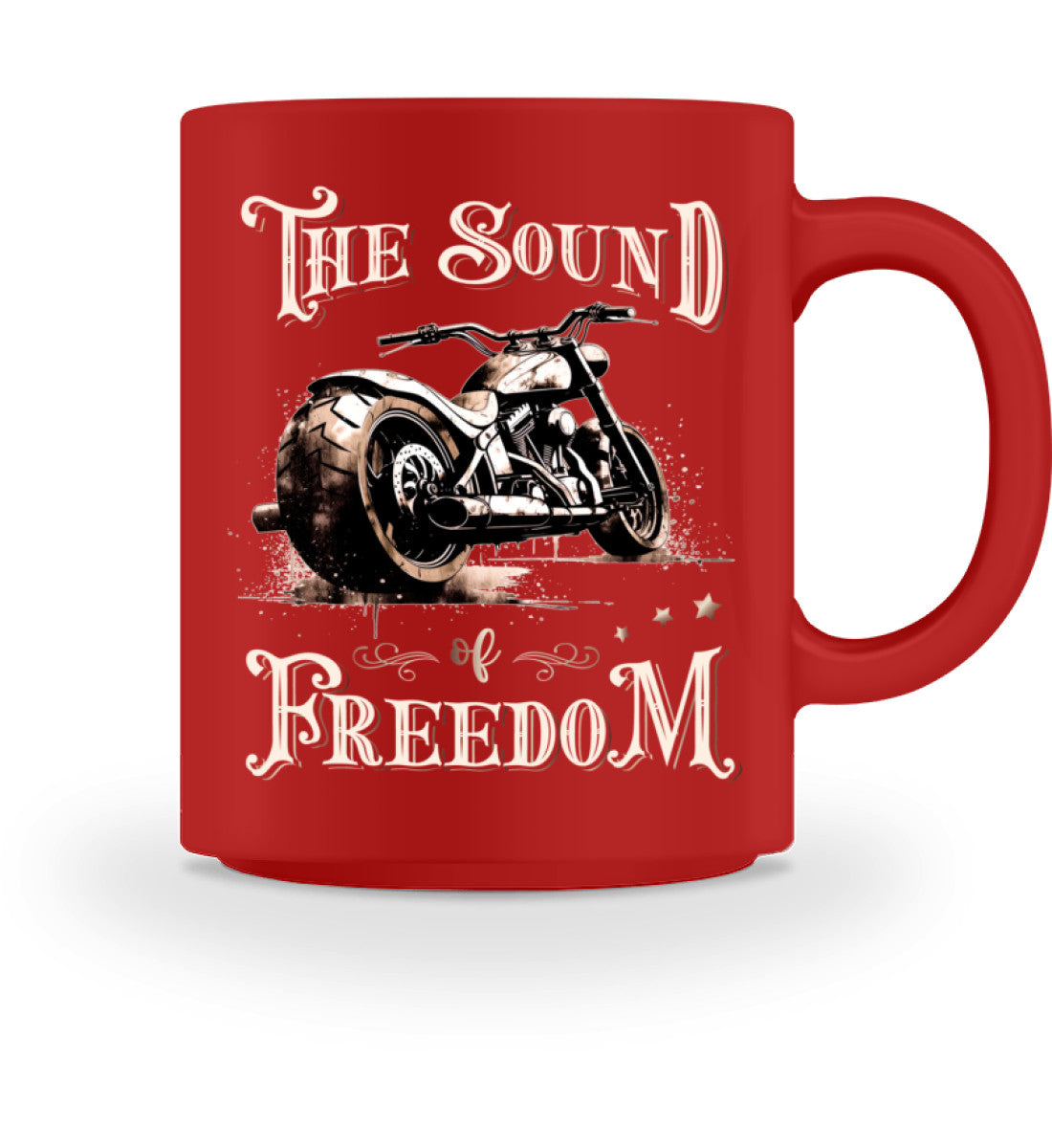 Eine Tasse für Motorradfahrer von Wingbikers, mit dem beidseitigen Aufdruck, The Sound of Freedom, in rot.