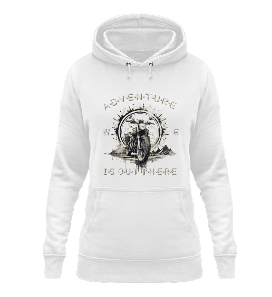 Ein Damen Hoodie für Motorradfahrerinnen von Wingbikers mit dem Aufdruck, Adventure Is Out There, in weiß.