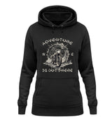 Ein Damen Hoodie für Motorradfahrerinnen von Wingbikers mit dem Aufdruck, Adventure Is Out There, in schwarz.