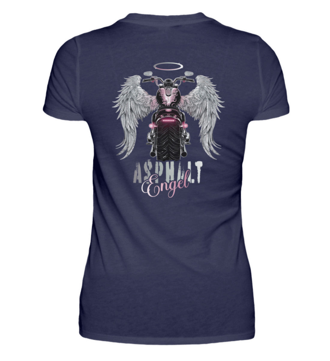 Ein Bikerin T-Shirt für Motorradfahrerinnen von Wingbikers mit dem Aufdruck, Asphalt Engel - mit Flügeln, - mit Back Print, in navy blau.