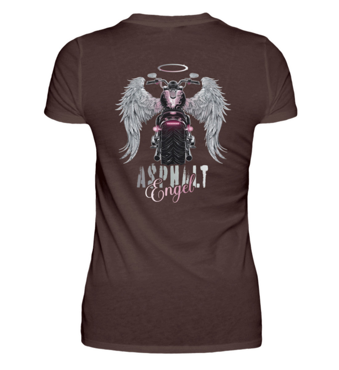 Ein Bikerin T-Shirt für Motorradfahrerinnen von Wingbikers mit dem Aufdruck, Asphalt Engel - mit Flügeln, - mit Back Print, in braun.