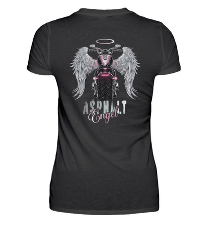 Ein Bikerin T-Shirt für Motorradfahrerinnen von Wingbikers mit dem Aufdruck, Asphalt Engel - mit Flügeln, - mit Back Print, in schwarz.