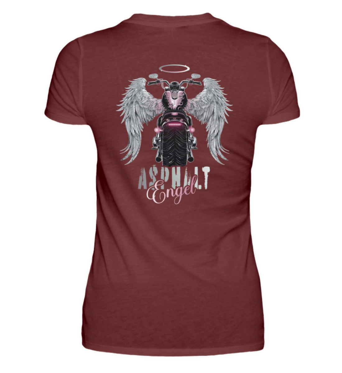Ein Bikerin T-Shirt für Motorradfahrerinnen von Wingbikers mit dem Aufdruck, Asphalt Engel - mit Flügeln, - mit Back Print, in weinrot.