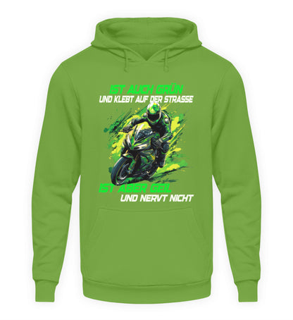 Ein Hoodie für Motorradfahrer von Wingbikers mit dem Aufdruck, Ist auch grün und klebt auf der Straße, ist aber geil und nervt nicht, in hell grün.