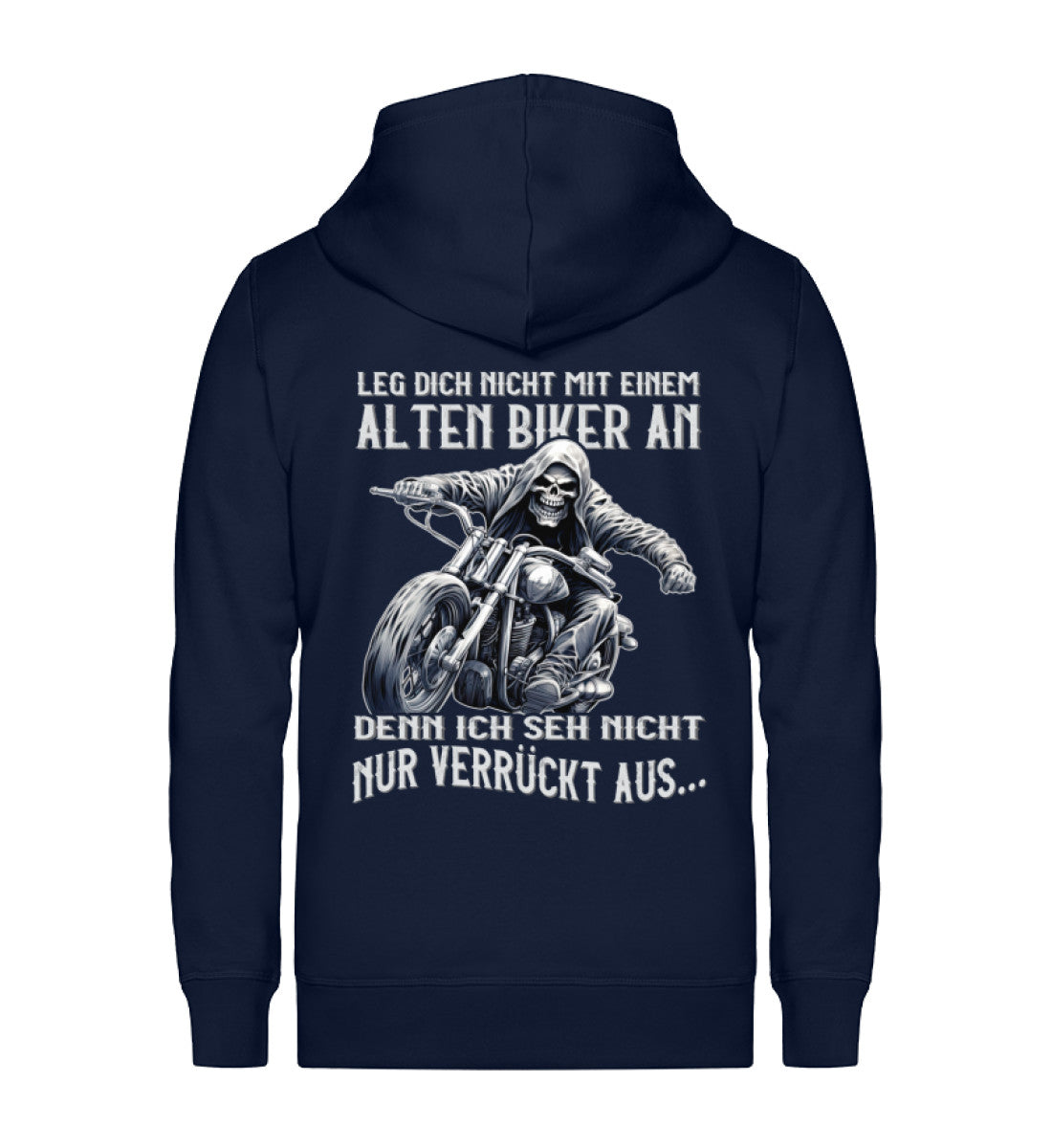 Eine Reißverschluss-Jacke für Motorradfahrer von Wingbikers mit dem Aufdruck, Leg dich nicht mit einem alten Biker an, denn ich seh nicht nur verrückt aus, in navy blau.