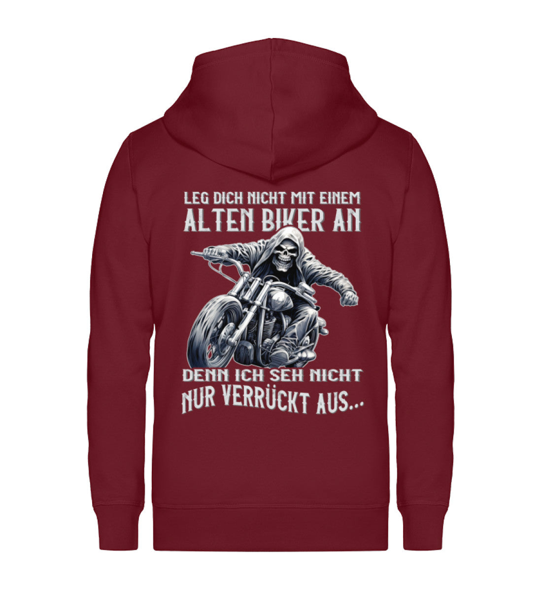 Eine Reißverschluss-Jacke für Motorradfahrer von Wingbikers mit dem Aufdruck, Leg dich nicht mit einem alten Biker an, denn ich seh nicht nur verrückt aus, in burgunder weinrot.