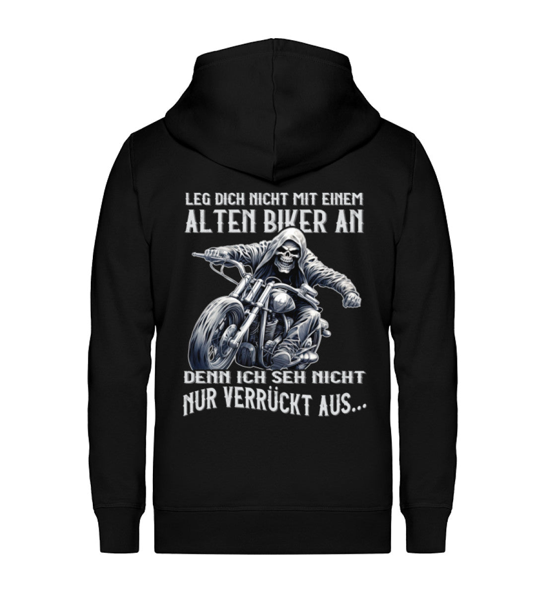 Eine Reißverschluss-Jacke für Motorradfahrer von Wingbikers mit dem Aufdruck, Leg dich nicht mit einem alten Biker an, denn ich seh nicht nur verrückt aus, in schwarz.