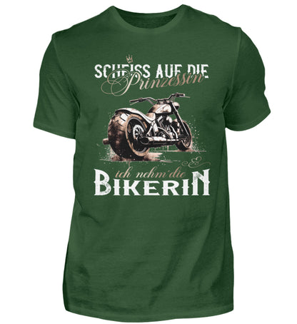Ein Biker T-Shirt für Motorradfahrer von Wingbikers mit dem Aufdruck, Scheiß auf die Prinzessin - Ich nehm´ die Bikerin - in dunkelgrün.