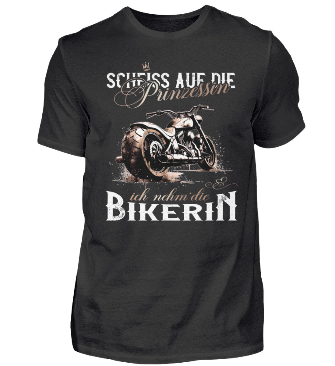 Ein Biker T-Shirt für Motorradfahrer von Wingbikers mit dem Aufdruck, Scheiß auf die Prinzessin - Ich nehm´ die Bikerin - in schwarz.