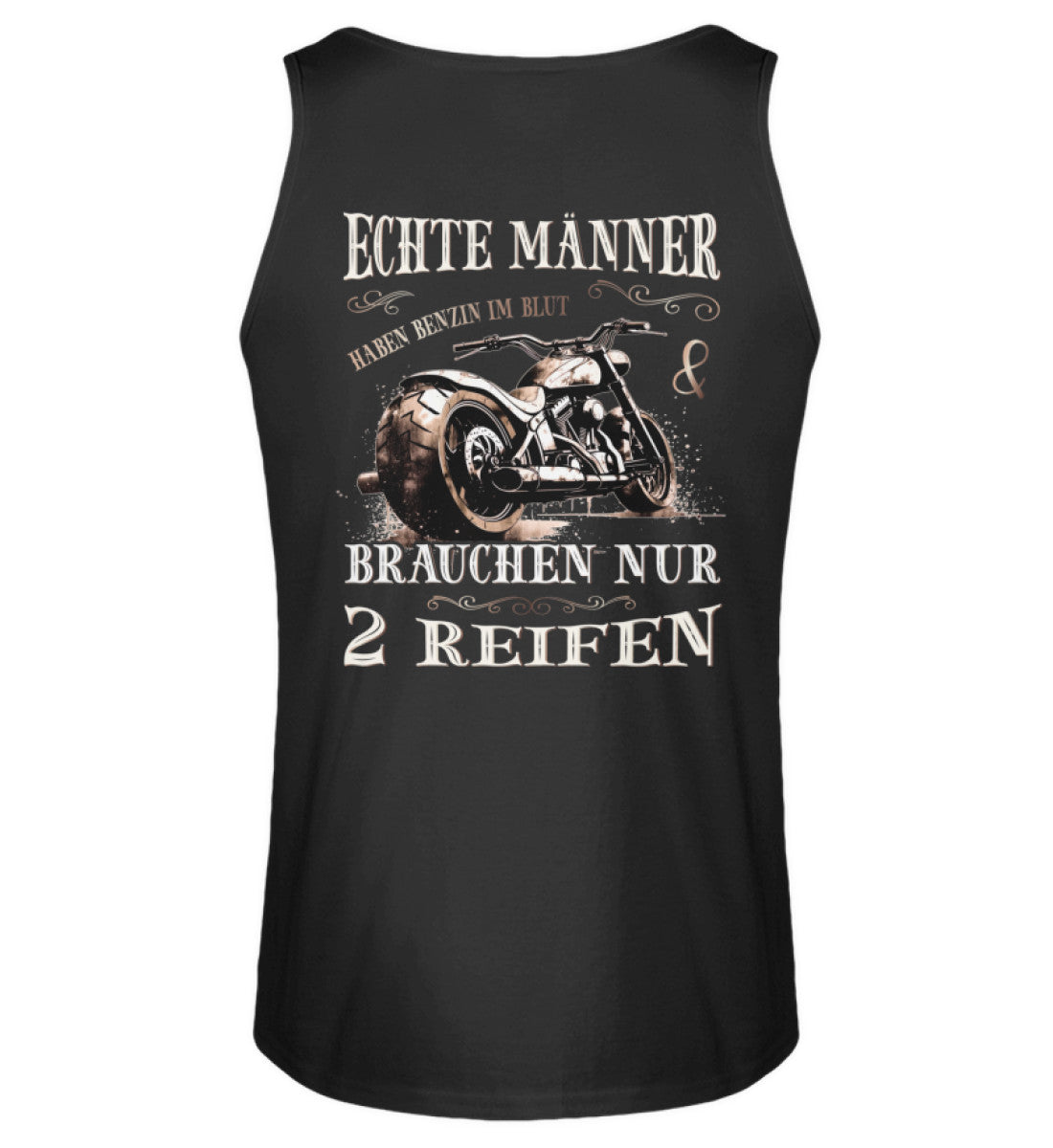 Ein Tanktop für Motorradfahrer von Wingbikers mit dem Aufdruck, Echte Männer brauchen nur 2 Reifen, mit Back Print, in schwarz.