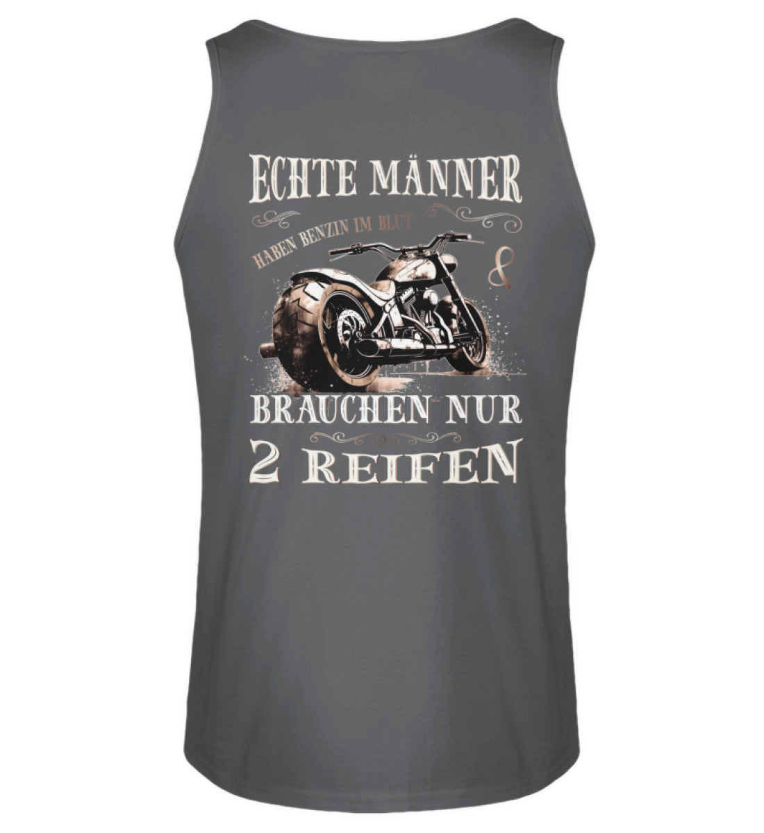 Ein Tanktop für Motorradfahrer von Wingbikers mit dem Aufdruck, Echte Männer brauchen nur 2 Reifen, mit Back Print, in dunkelgrau.