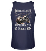 Ein Tanktop für Motorradfahrer von Wingbikers mit dem Aufdruck, Echte Männer brauchen nur 2 Reifen, mit Back Print, in navy blau.