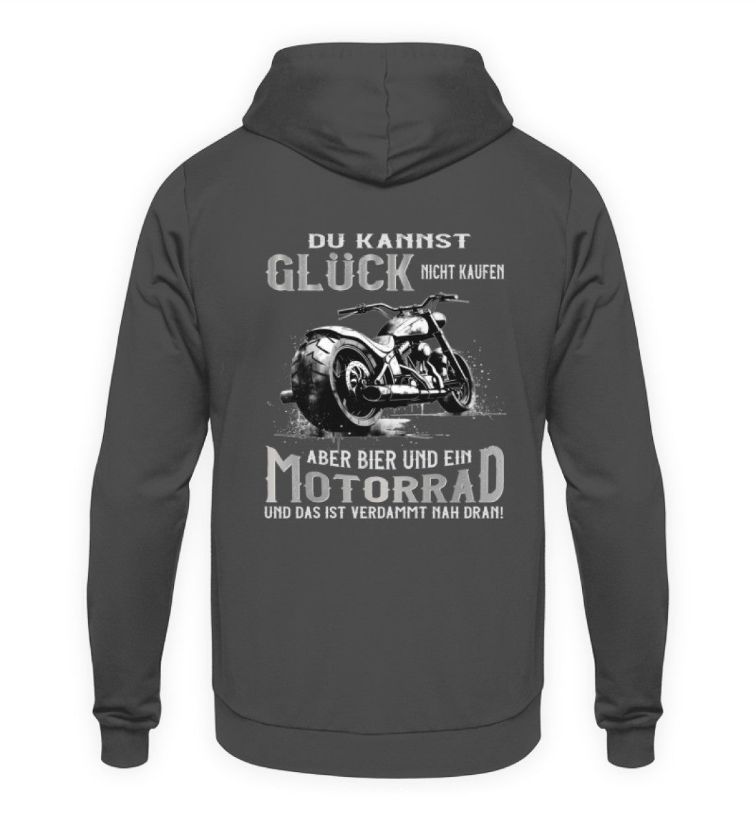 Ein Biker Hoodie für Motorradfahrer von Wingbikers mit dem Aufdruck, Du kannst Glück nicht kaufen, aber Bier und ein Motorrad und das ist verdammt nah dran! - mit Back Print, in dunkelgrau.