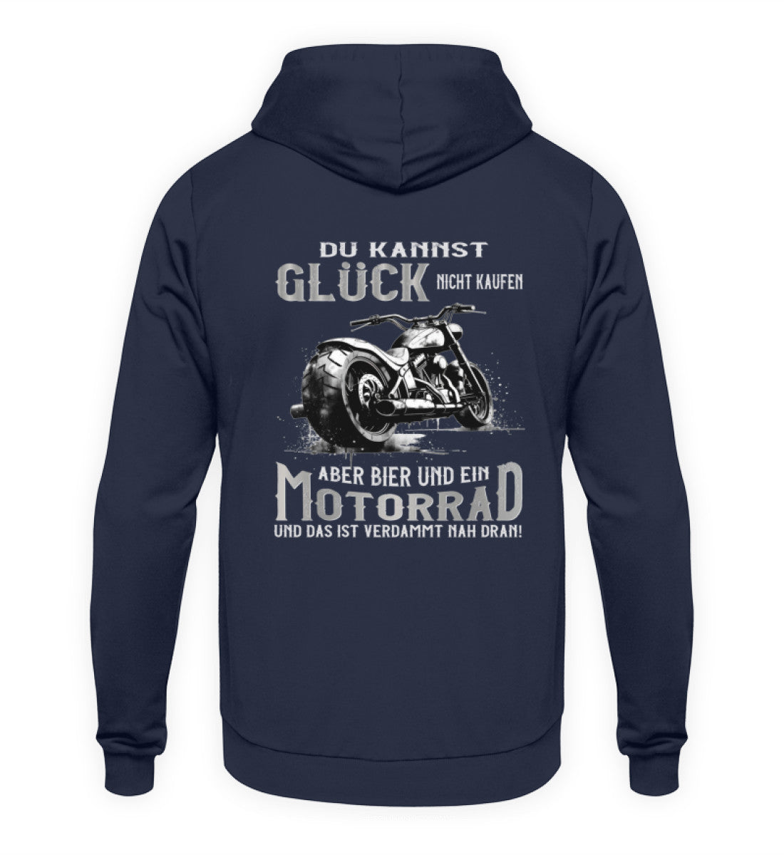 Ein Biker Hoodie für Motorradfahrer von Wingbikers mit dem Aufdruck, Du kannst Glück nicht kaufen, aber Bier und ein Motorrad und das ist verdammt nah dran! - mit Back Print, in navy blau.