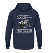 Ein Biker Hoodie für Motorradfahrer von Wingbikers mit dem Aufdruck, Du kannst Glück nicht kaufen, aber Bier und ein Motorrad und das ist verdammt nah dran! - mit Back Print, in navy blau.