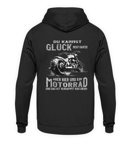 Ein Biker Hoodie für Motorradfahrer von Wingbikers mit dem Aufdruck, Du kannst Glück nicht kaufen, aber Bier und ein Motorrad und das ist verdammt nah dran! - mit Back Print, in schwarz.