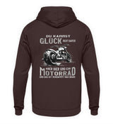 Ein Biker Hoodie für Motorradfahrer von Wingbikers mit dem Aufdruck, Du kannst Glück nicht kaufen, aber Bier und ein Motorrad und das ist verdammt nah dran! - mit Back Print, in braun.