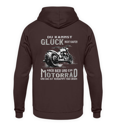 Ein Biker Hoodie für Motorradfahrer von Wingbikers mit dem Aufdruck, Du kannst Glück nicht kaufen, aber Bier und ein Motorrad und das ist verdammt nah dran! - mit Back Print, in braun.