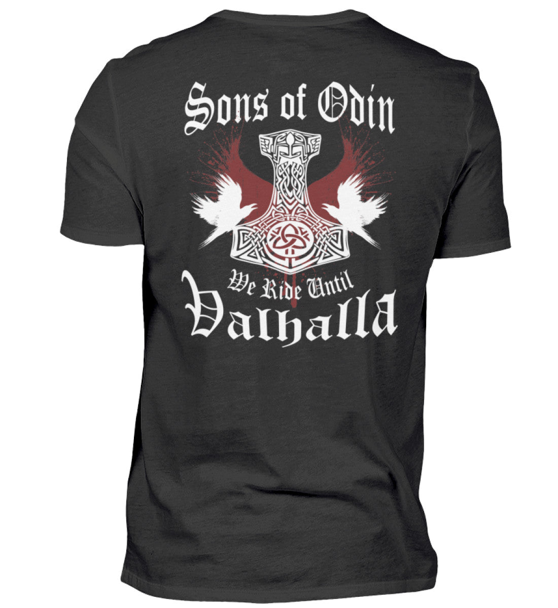 Ein Biker T-Shirt für Motorradfahrer von Wingbikers mit dem Aufdruck, Sons of Odin - We Ride Until Valhalla, als Back Print, in schwarz.