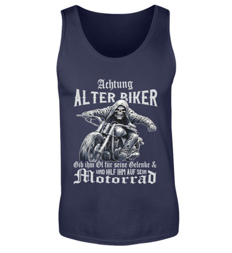 Ein Biker Tanktop für Motorradfahrer von Wingbikers mit dem Aufdruck, Achtung alter Biker - Gib ihm Öl und hilf ihm auf sein Motorrad - in navy blau.