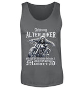 Ein Biker Tanktop für Motorradfahrer von Wingbikers mit dem Aufdruck, Achtung alter Biker - Gib ihm Öl und hilf ihm auf sein Motorrad - in dunkelgrau.