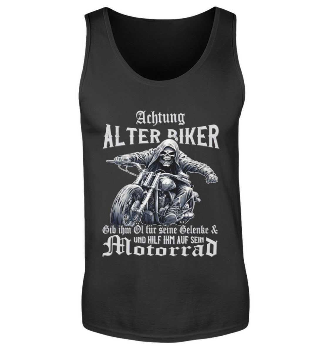 Ein Biker Tanktop für Motorradfahrer von Wingbikers mit dem Aufdruck, Achtung alter Biker - Gib ihm Öl und hilf ihm auf sein Motorrad - in schwarz.