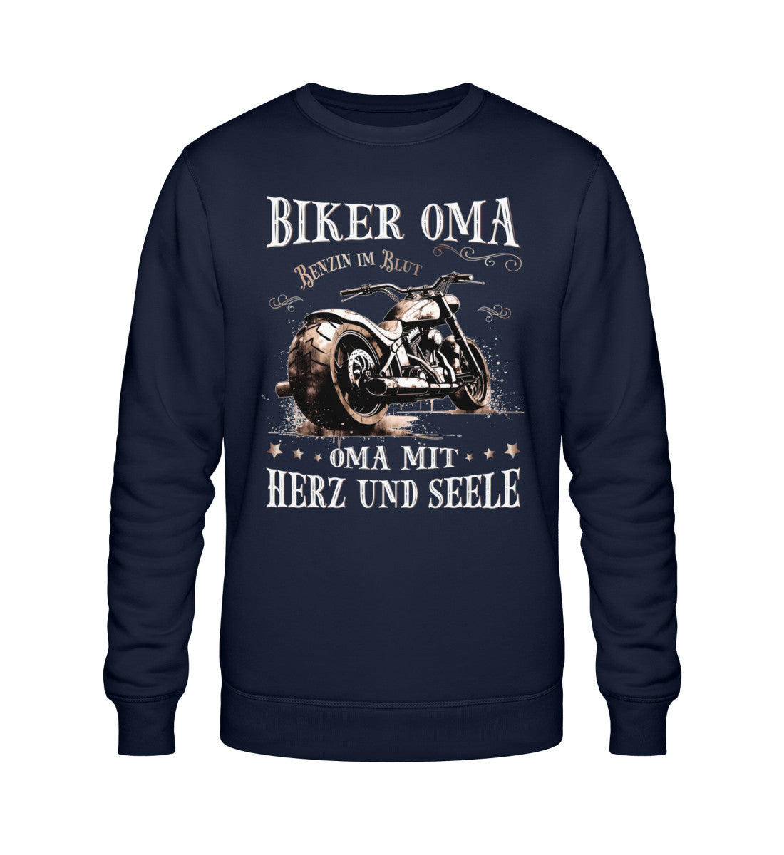 Ein Sweatshirt für Motorradfahrerinnen von Wingbikers mit dem Aufdruck, Biker Oma - Benzin im Blut - Oma mit Herz und Seele, in navy blau.